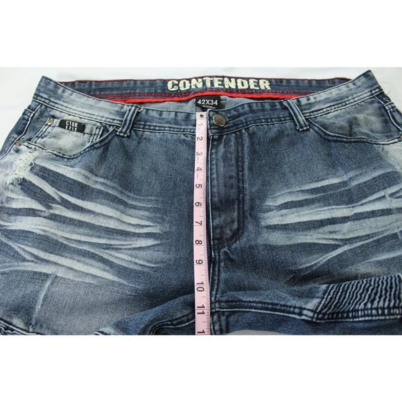 Contender Moto Jeans Men’s 42x34 Distressed Biker Denim Blue Wash - Picture 9 of 11